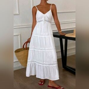 New Flowy Lace Trimmed Tiered Long Cami Dress White